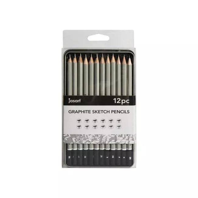 12pc Jasart Studio Graphite Sketch Pencil Tin Set – Grey